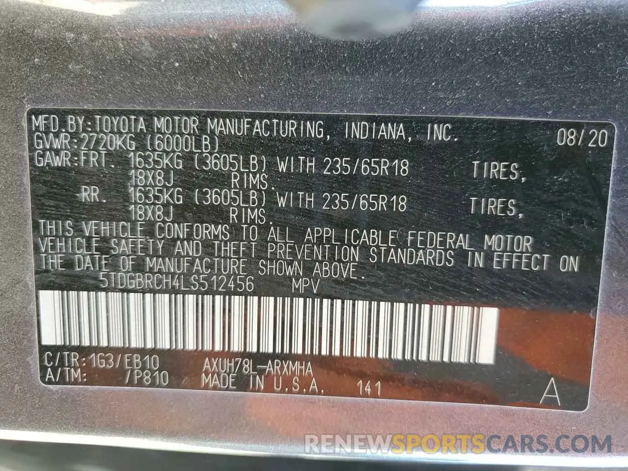 14 Photograph of a damaged car 5TDGBRCH4LS512456 TOYOTA HIGHLANDER 2020