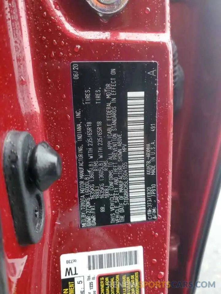 13 Photograph of a damaged car 5TDGBRCH5LS504155 TOYOTA HIGHLANDER 2020