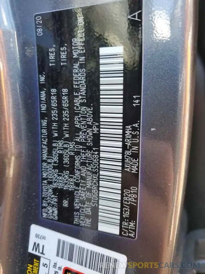 12 Photograph of a damaged car 5TDGBRCHXLS506841 TOYOTA HIGHLANDER 2020