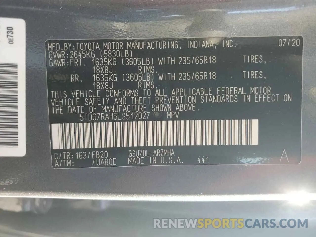 13 Photograph of a damaged car 5TDGZRAH5LS512027 TOYOTA HIGHLANDER 2020