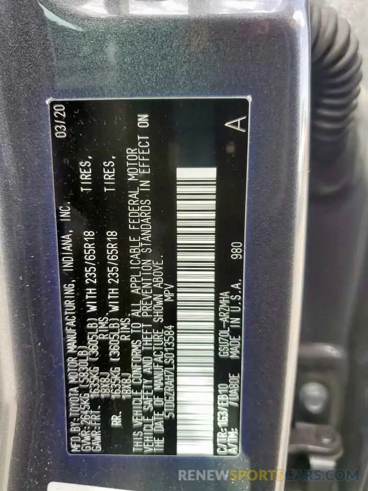 13 Photograph of a damaged car 5TDGZRAH7LS013584 TOYOTA HIGHLANDER 2020