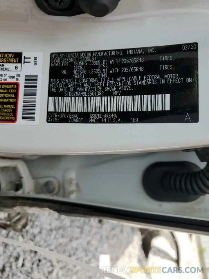 13 Photograph of a damaged car 5TDGZRAH9LS504383 TOYOTA HIGHLANDER 2020