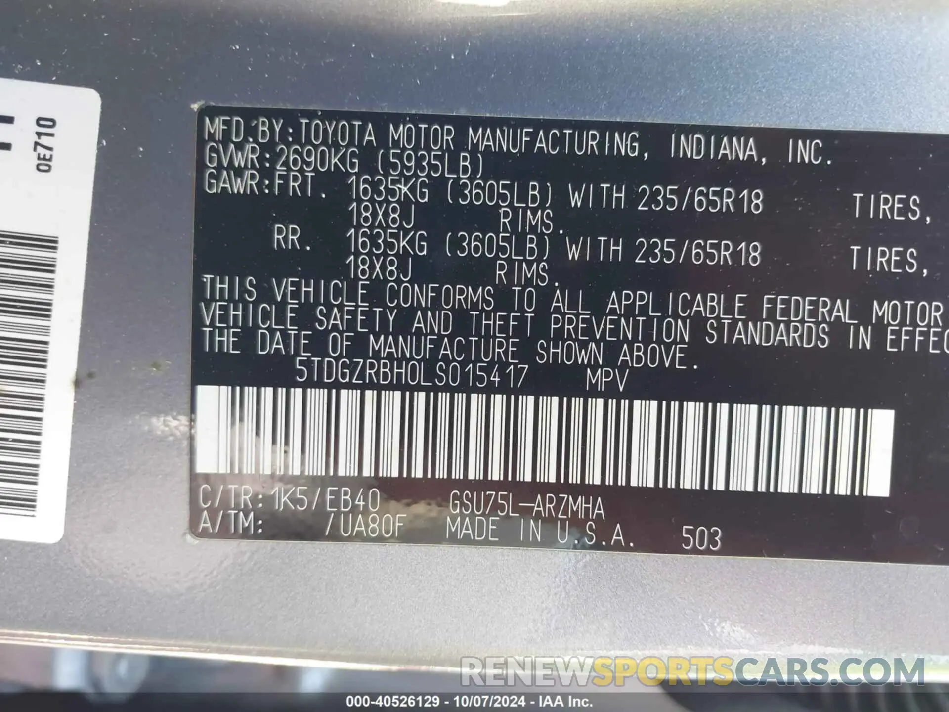 9 Photograph of a damaged car 5TDGZRBH0LS015417 TOYOTA HIGHLANDER 2020