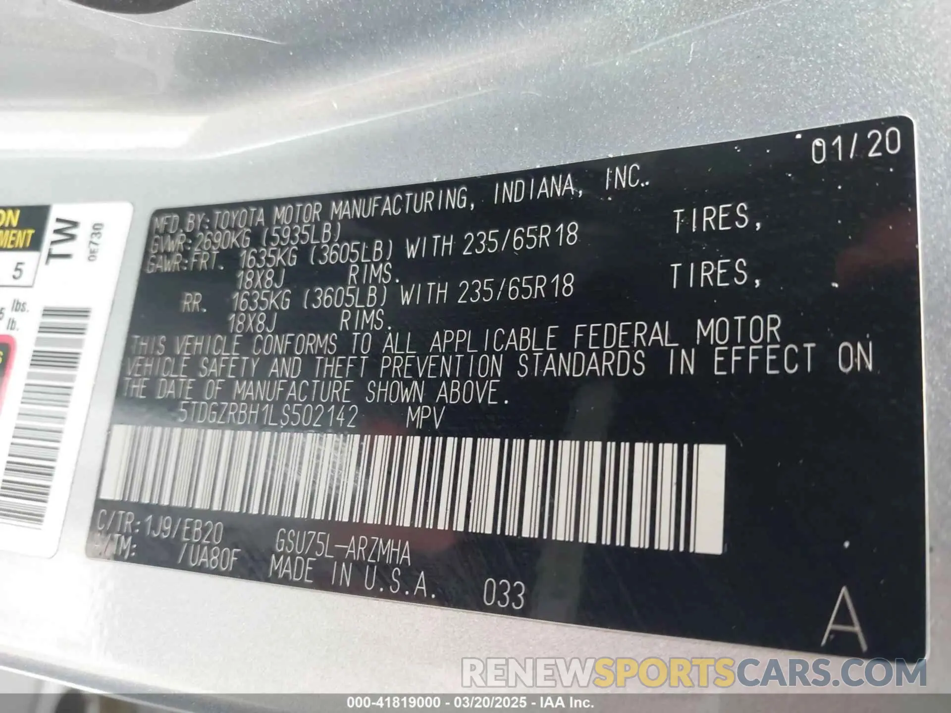 9 Photograph of a damaged car 5TDGZRBH1LS502142 TOYOTA HIGHLANDER 2020