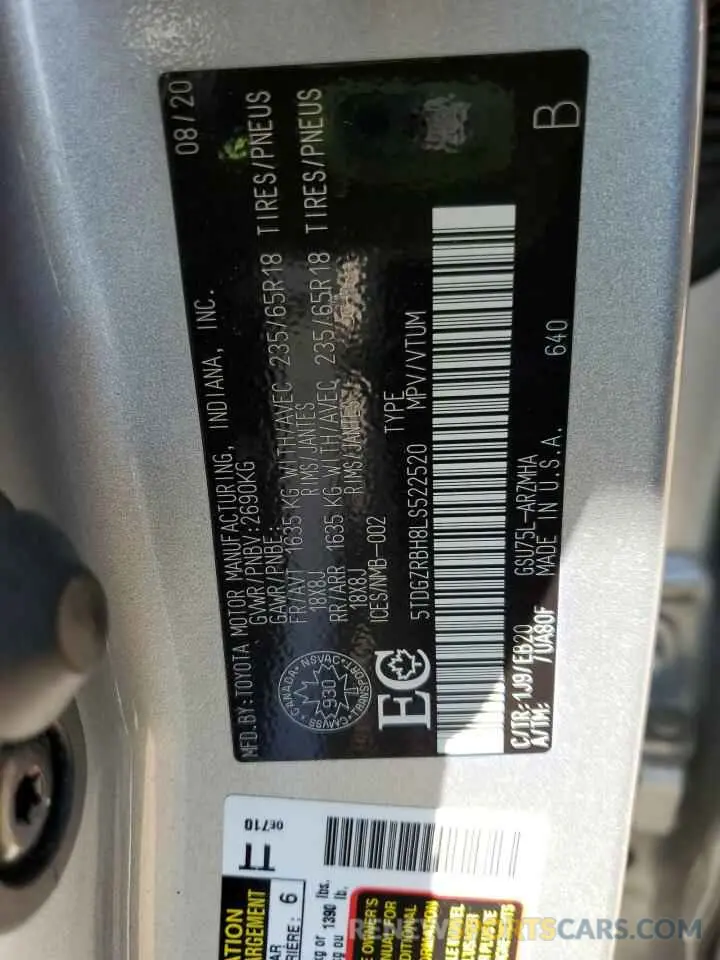 14 Photograph of a damaged car 5TDGZRBH8LS522520 TOYOTA HIGHLANDER 2020