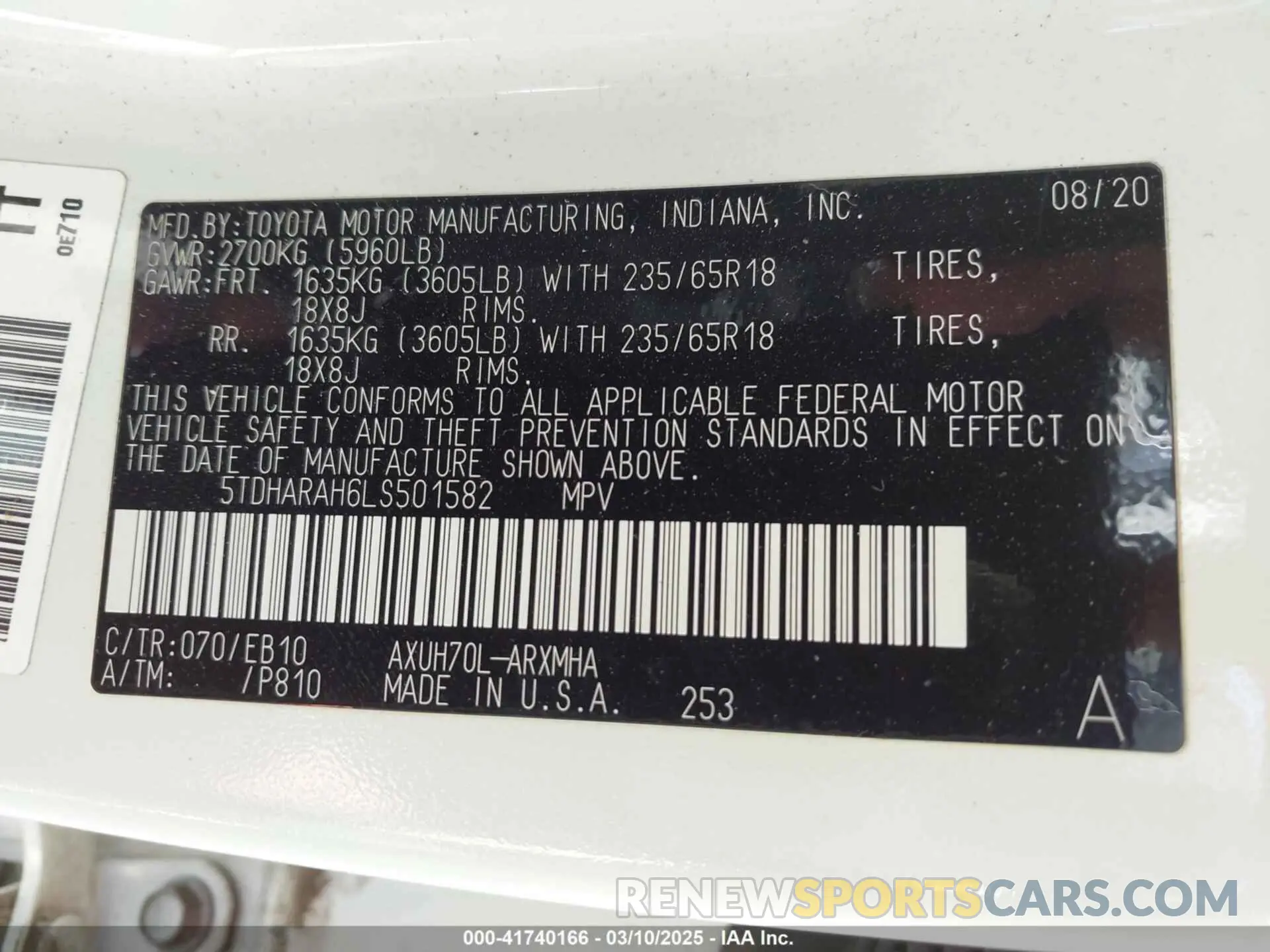 9 Photograph of a damaged car 5TDHARAH6LS501582 TOYOTA HIGHLANDER 2020