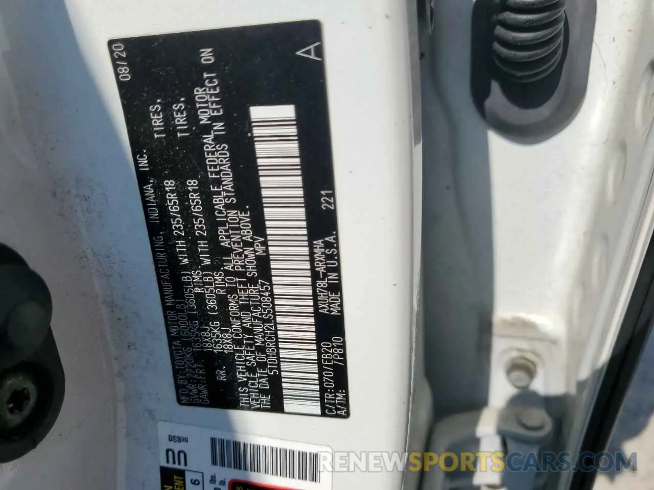13 Photograph of a damaged car 5TDHBRCH2LS508457 TOYOTA HIGHLANDER 2020