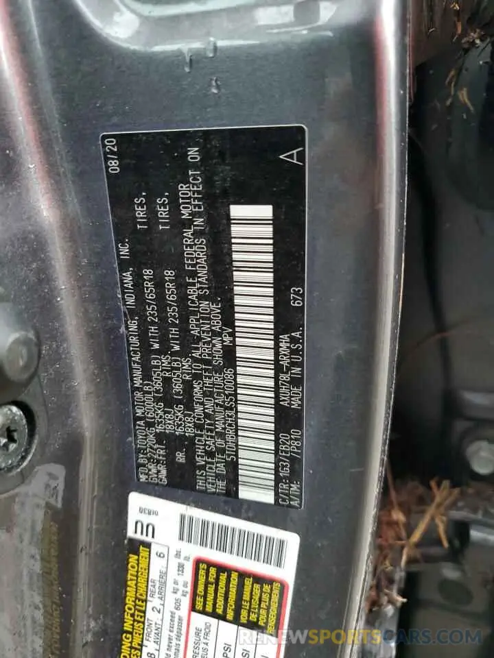 13 Photograph of a damaged car 5TDHBRCH3LS510086 TOYOTA HIGHLANDER 2020