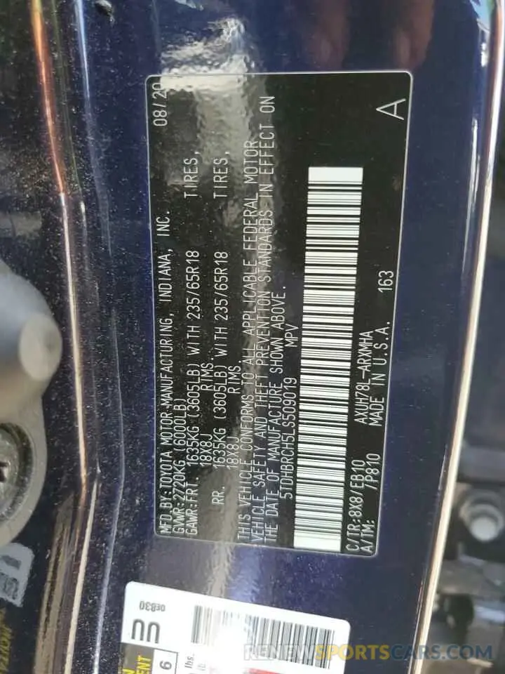 13 Photograph of a damaged car 5TDHBRCH5LS509019 TOYOTA HIGHLANDER 2020