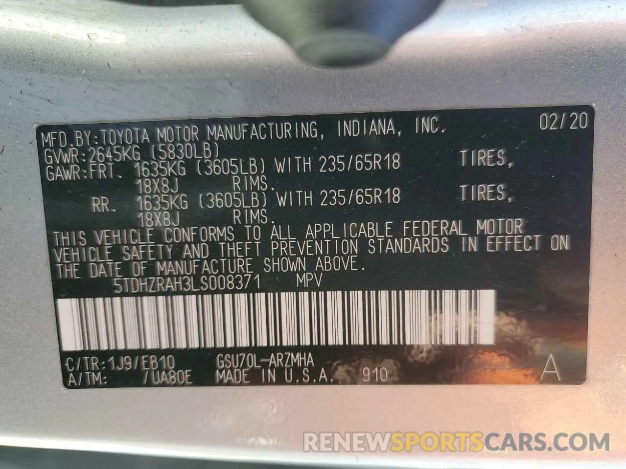 13 Photograph of a damaged car 5TDHZRAH3LS008371 TOYOTA HIGHLANDER 2020