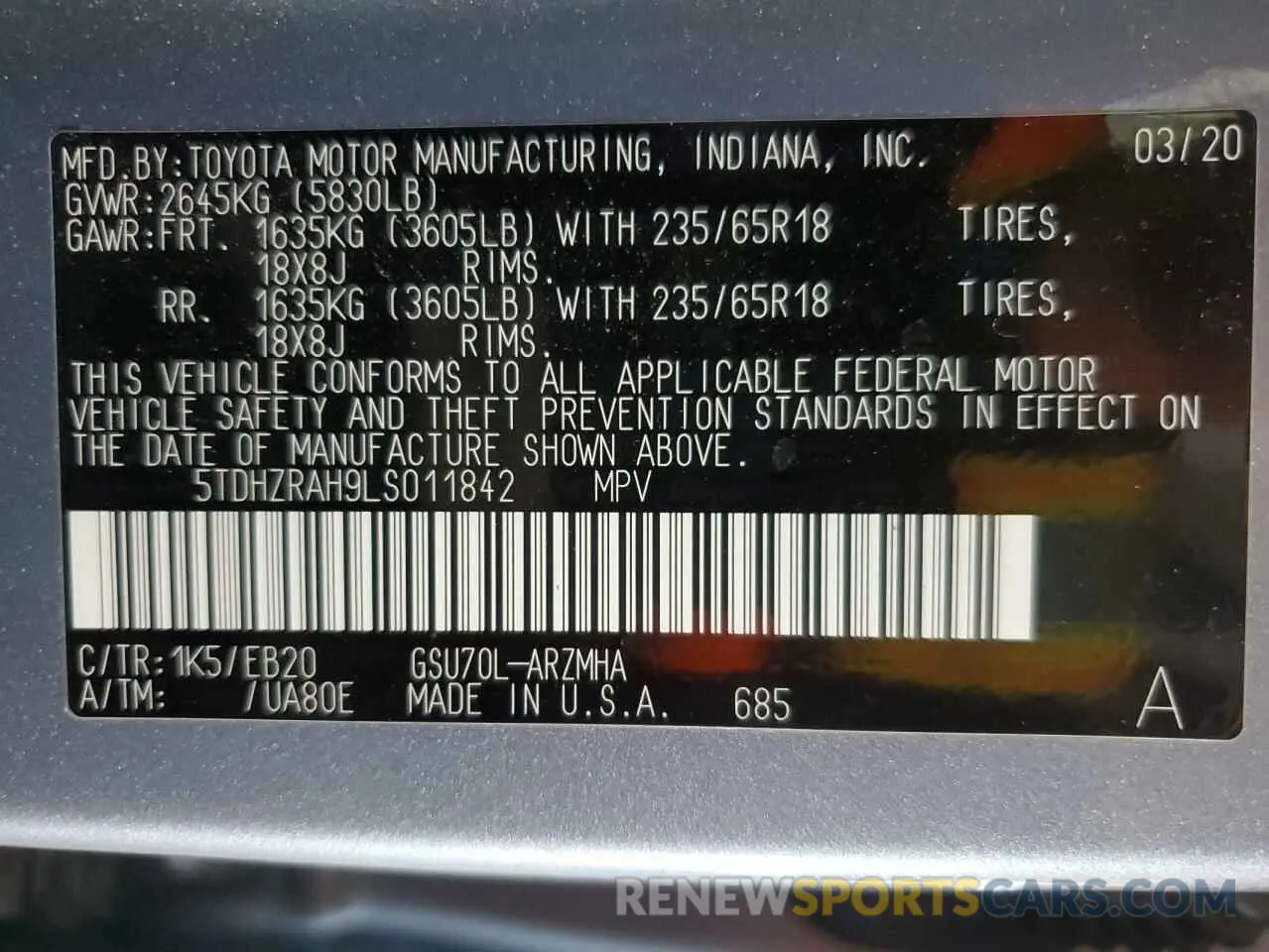 13 Photograph of a damaged car 5TDHZRAH9LS011842 TOYOTA HIGHLANDER 2020