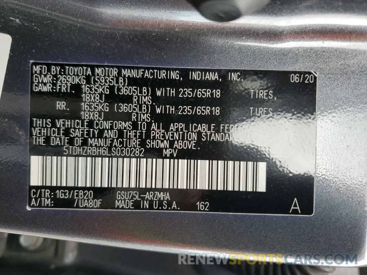13 Photograph of a damaged car 5TDHZRBH6LS030282 TOYOTA HIGHLANDER 2020