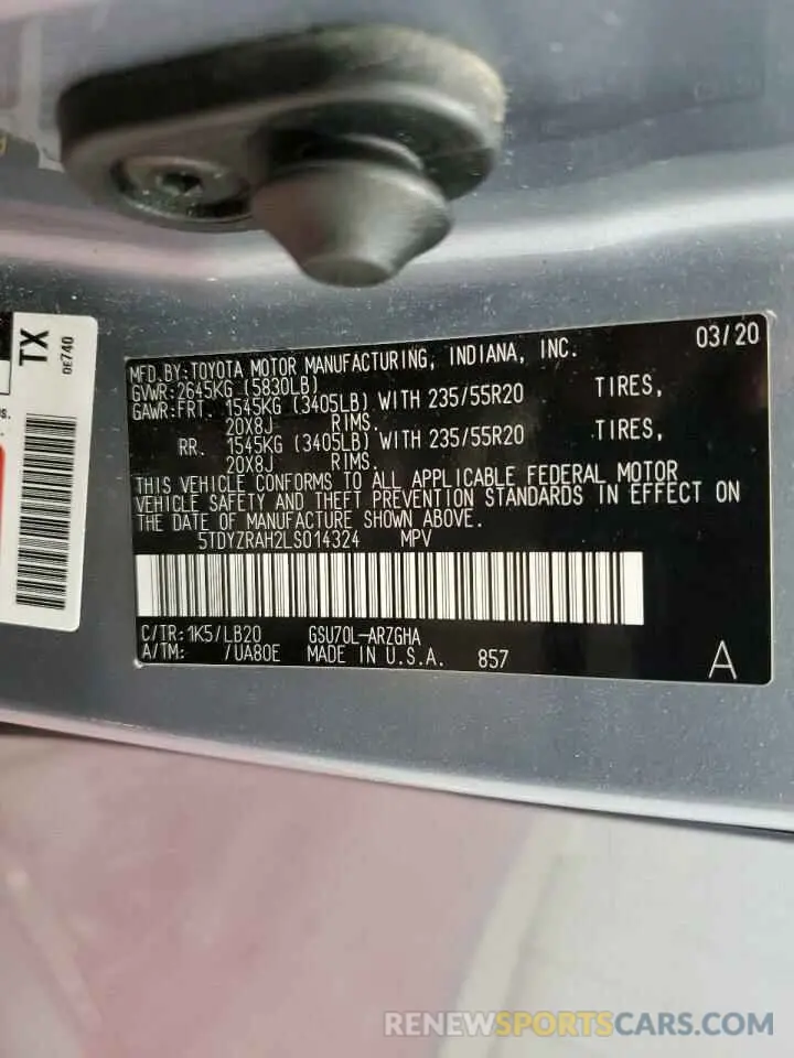 14 Photograph of a damaged car 5TDYZRAH2LS014324 TOYOTA HIGHLANDER 2020