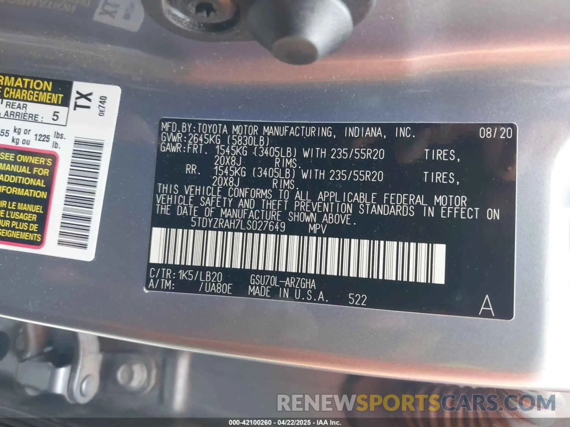 9 Photograph of a damaged car 5TDYZRAH7LS027649 TOYOTA HIGHLANDER 2020