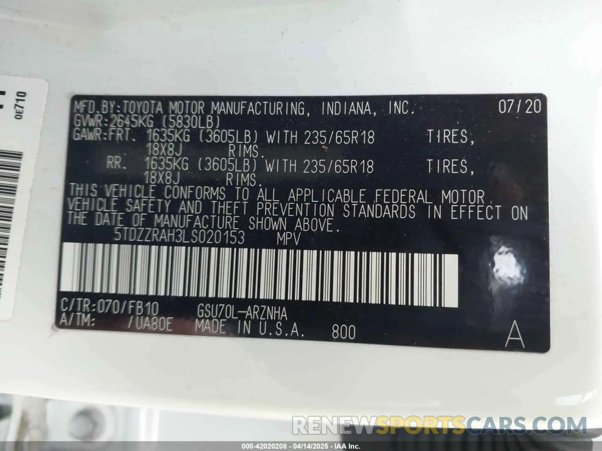 9 Photograph of a damaged car 5TDZZRAH3LS020153 TOYOTA HIGHLANDER 2020