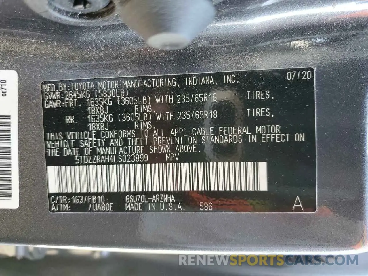 13 Photograph of a damaged car 5TDZZRAH4LS023899 TOYOTA HIGHLANDER 2020