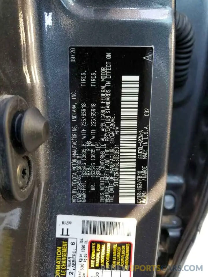 10 Photograph of a damaged car 5TDZZRAH6LS030501 TOYOTA HIGHLANDER 2020