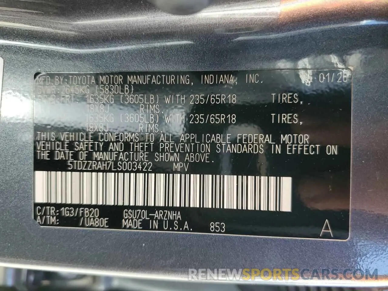13 Photograph of a damaged car 5TDZZRAH7LS003422 TOYOTA HIGHLANDER 2020