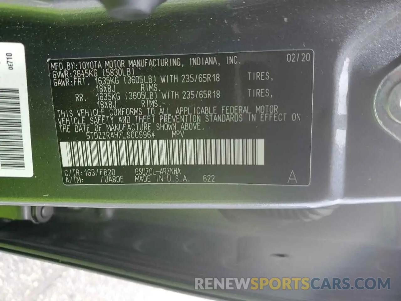 14 Photograph of a damaged car 5TDZZRAH7LS009964 TOYOTA HIGHLANDER 2020