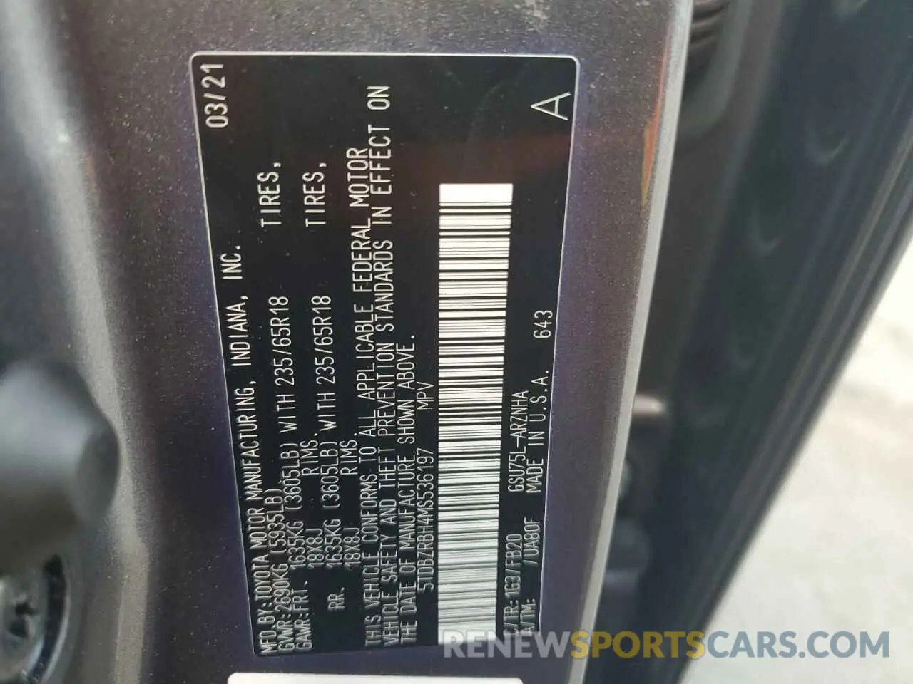13 Photograph of a damaged car 5TDBZRBH4MS536197 TOYOTA HIGHLANDER 2021