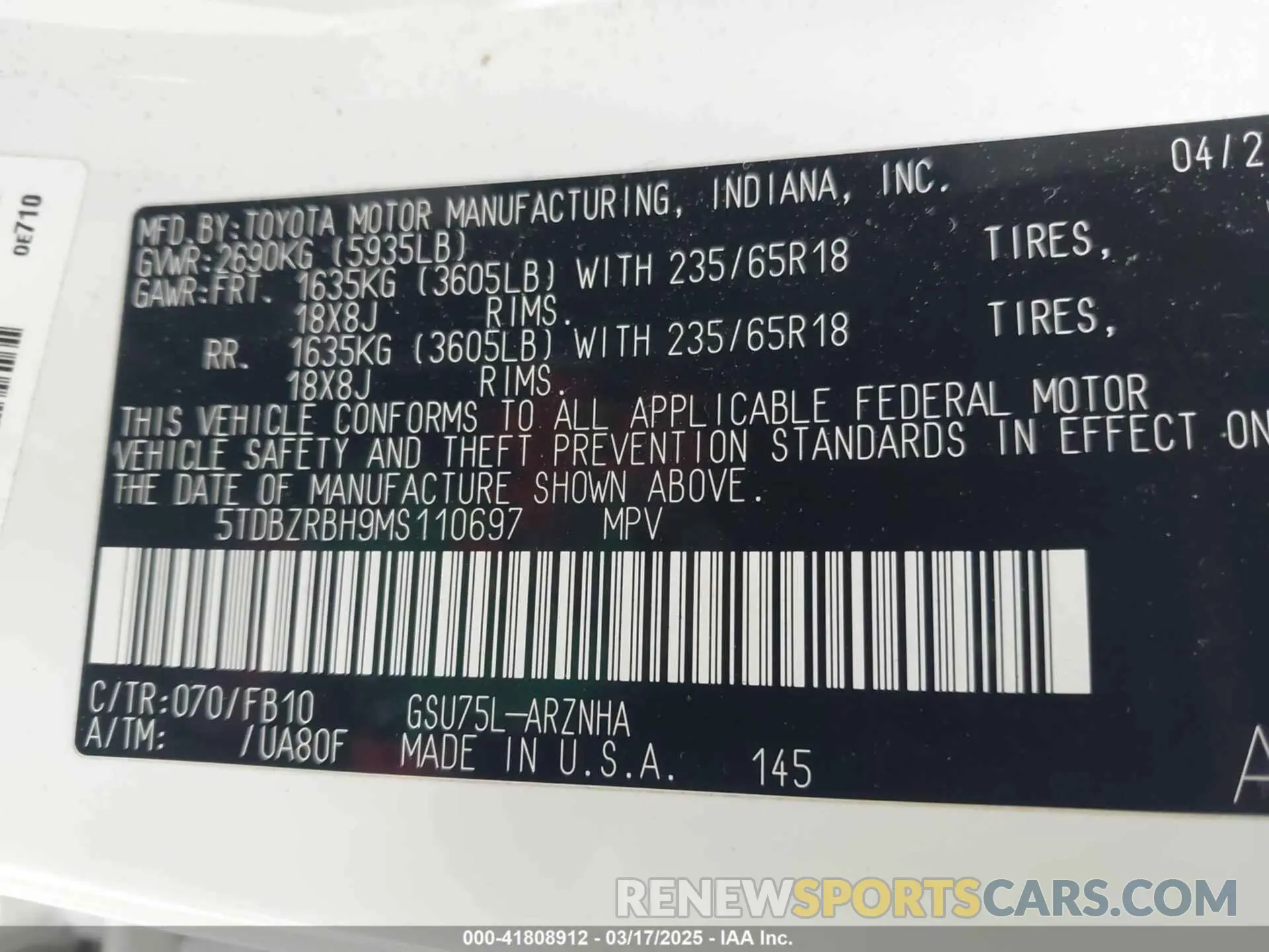 9 Photograph of a damaged car 5TDBZRBH9MS110697 TOYOTA HIGHLANDER 2021