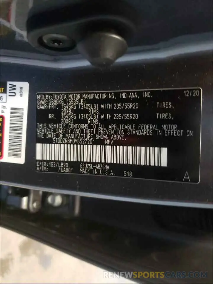 10 Photograph of a damaged car 5TDDZRBH0MS527201 TOYOTA HIGHLANDER 2021