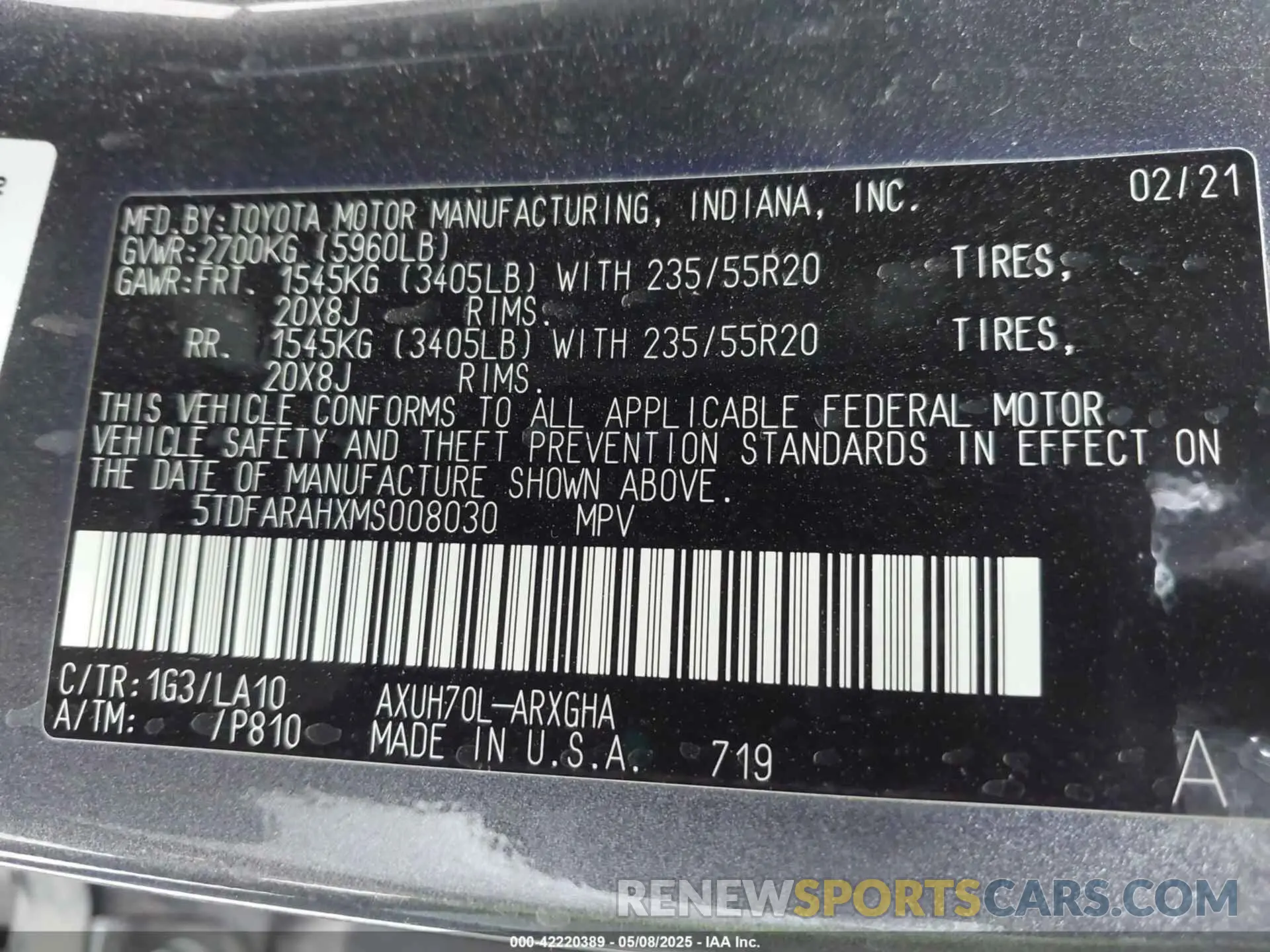 9 Photograph of a damaged car 5TDFARAHXMS008030 TOYOTA HIGHLANDER 2021