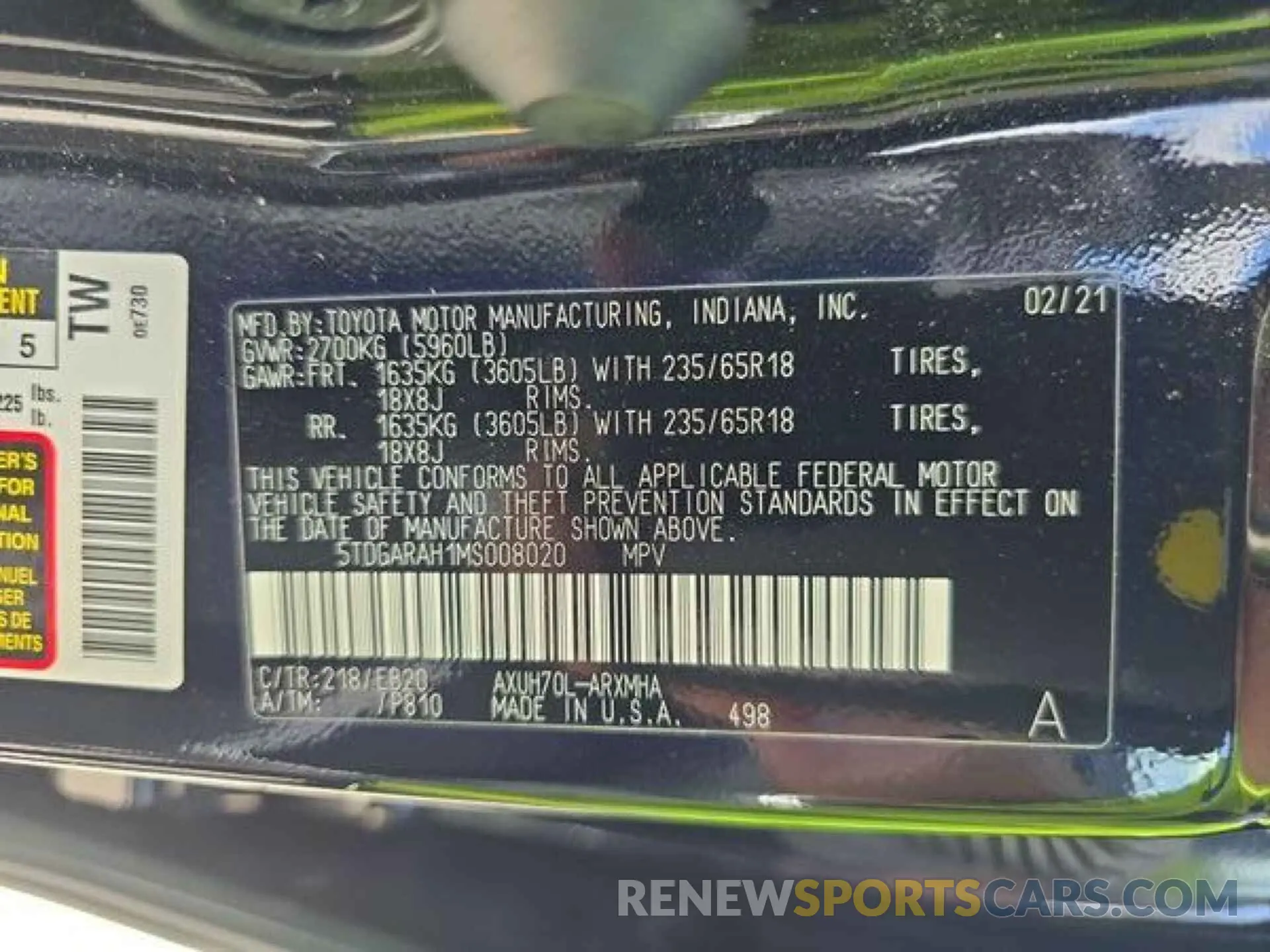 1 Photograph of a damaged car 5TDGARAH1MS008020 TOYOTA HIGHLANDER 2021