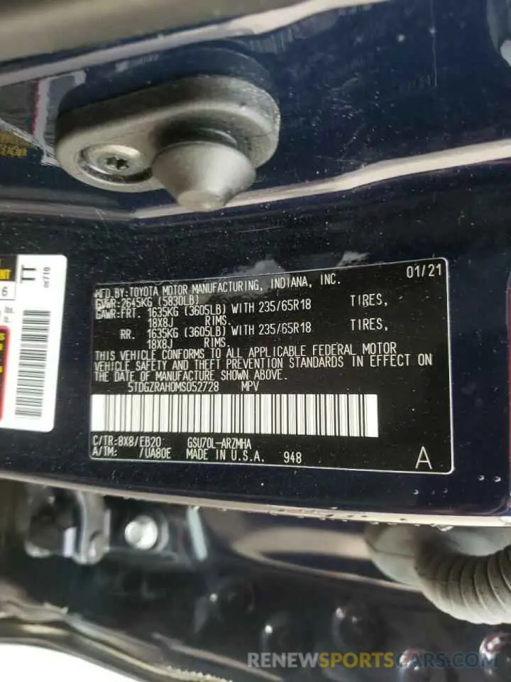 10 Photograph of a damaged car 5TDGZRAH0MS052728 TOYOTA HIGHLANDER 2021