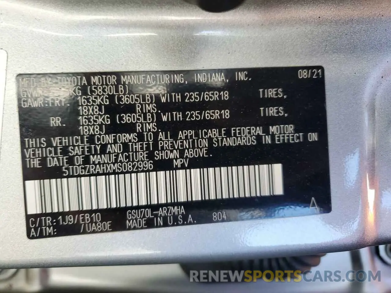 13 Photograph of a damaged car 5TDGZRAHXMS082996 TOYOTA HIGHLANDER 2021