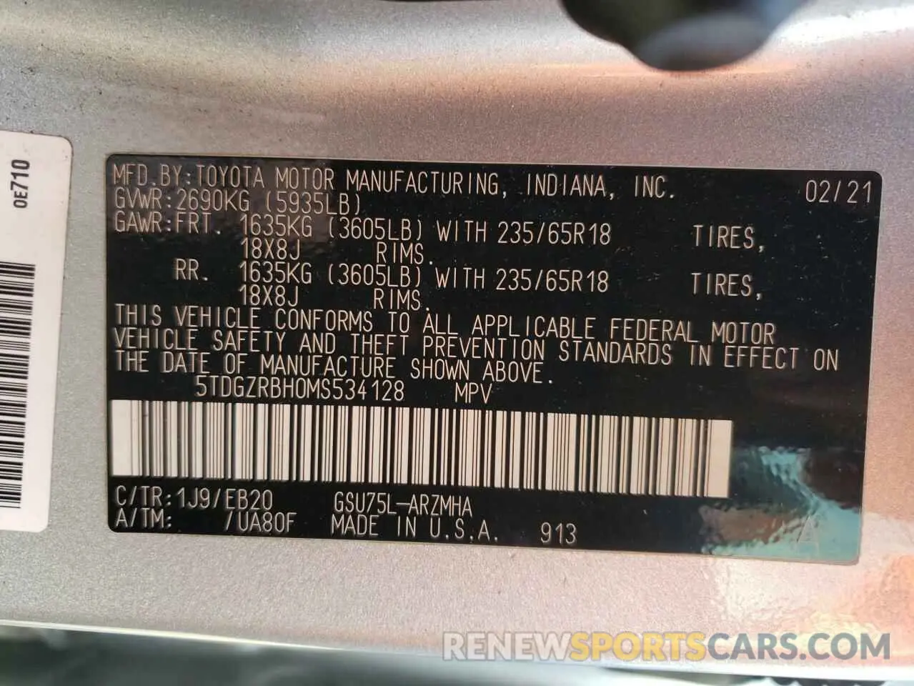 13 Photograph of a damaged car 5TDGZRBH0MS534128 TOYOTA HIGHLANDER 2021