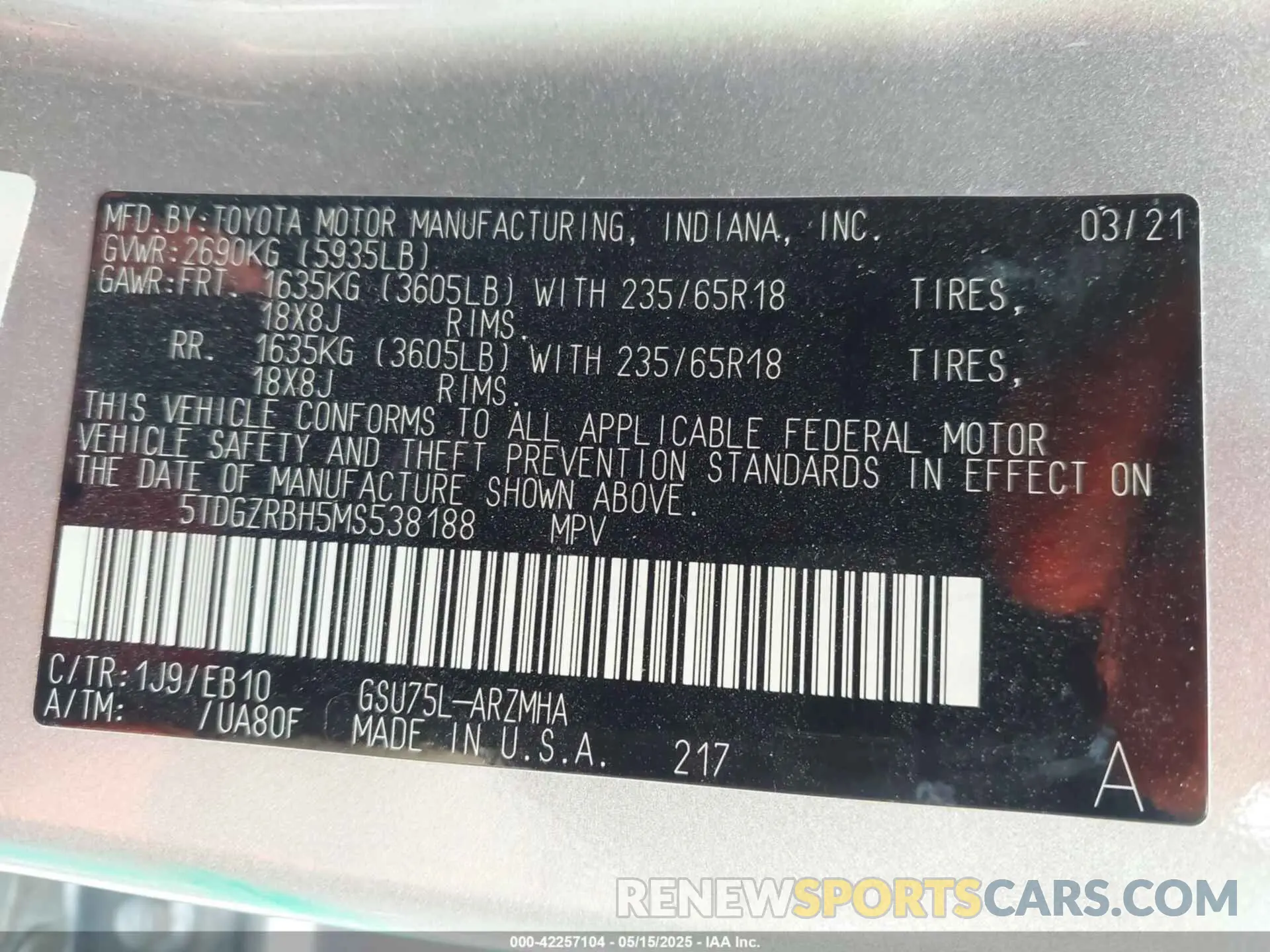 9 Photograph of a damaged car 5TDGZRBH5MS538188 TOYOTA HIGHLANDER 2021