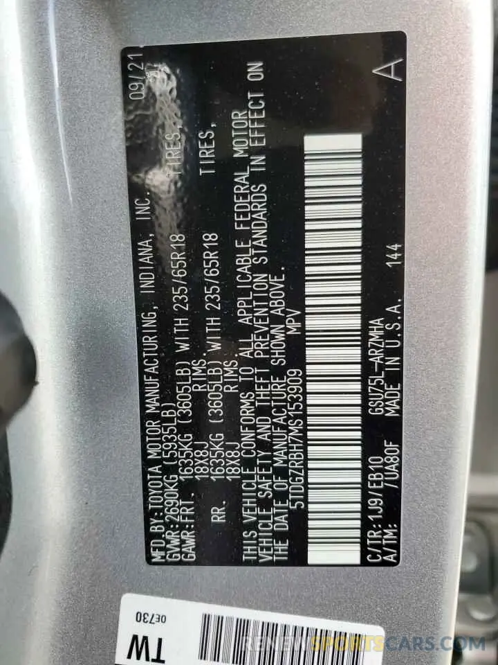 14 Photograph of a damaged car 5TDGZRBH7MS153909 TOYOTA HIGHLANDER 2021