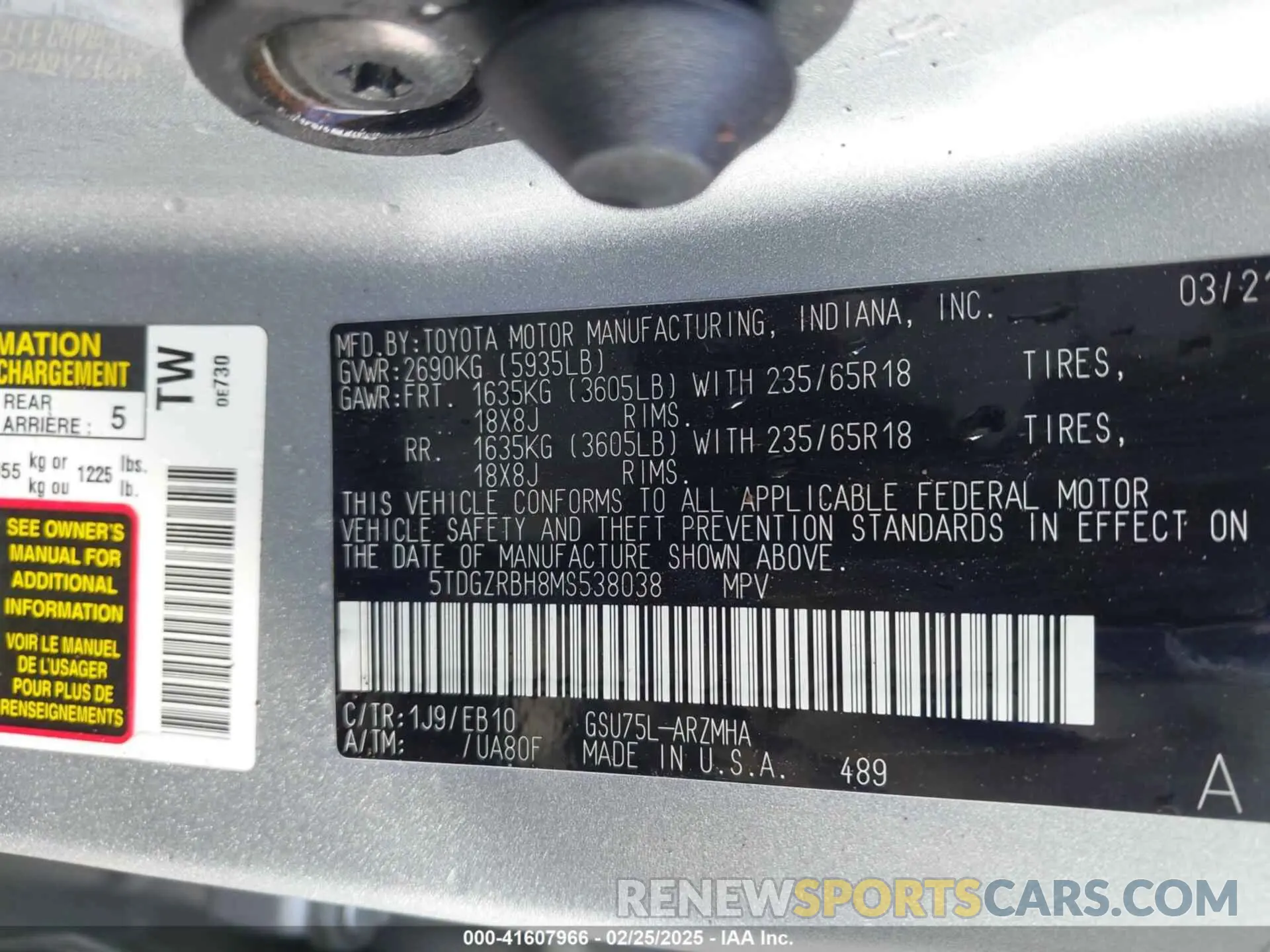 9 Photograph of a damaged car 5TDGZRBH8MS538038 TOYOTA HIGHLANDER 2021