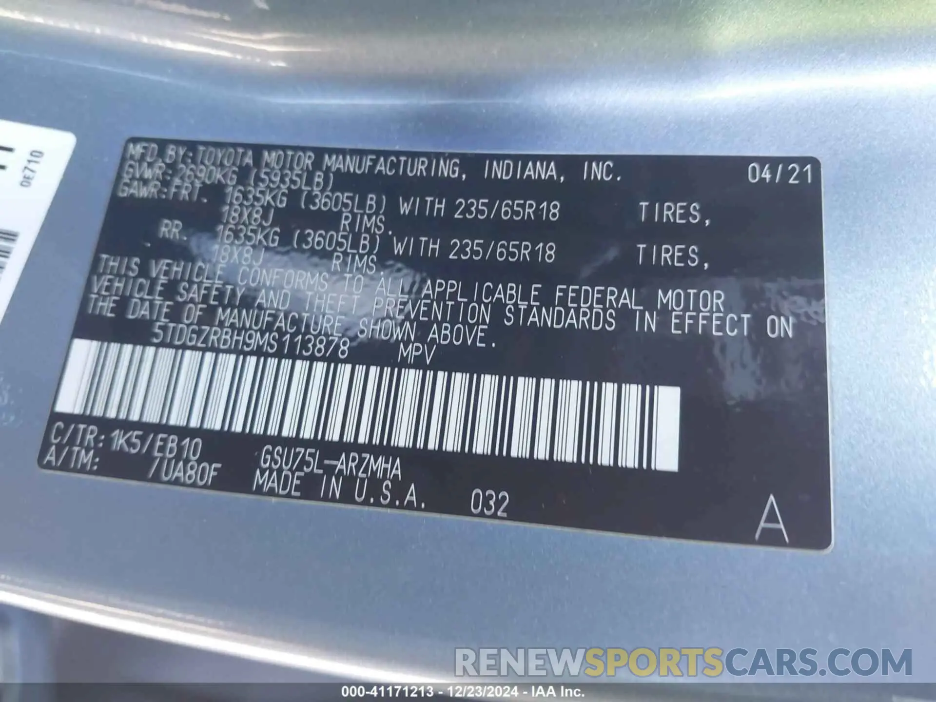 9 Photograph of a damaged car 5TDGZRBH9MS113878 TOYOTA HIGHLANDER 2021