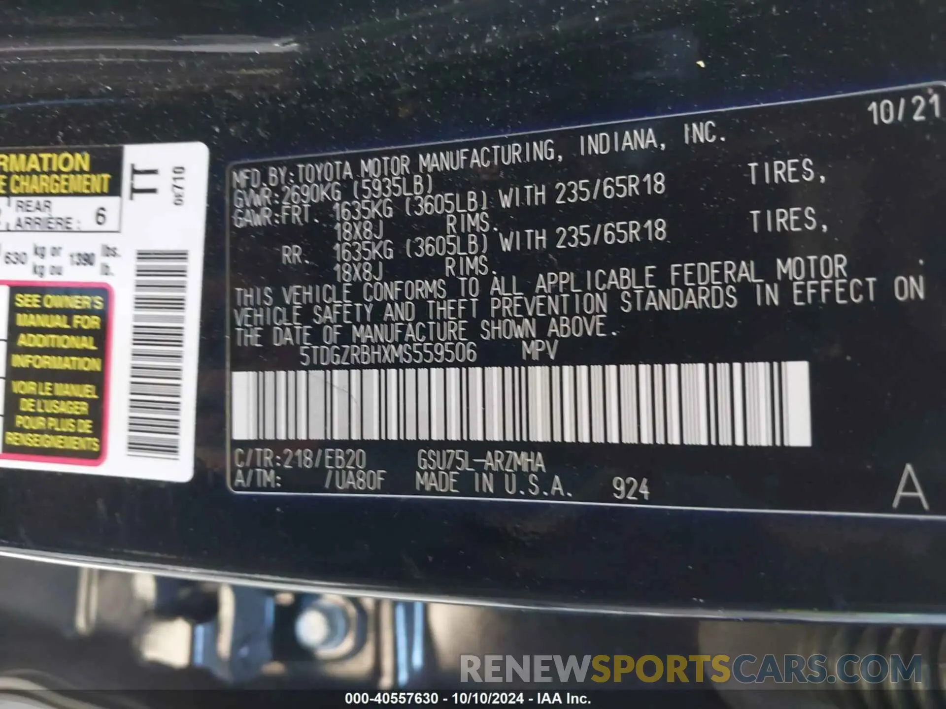 9 Photograph of a damaged car 5TDGZRBHXMS559506 TOYOTA HIGHLANDER 2021