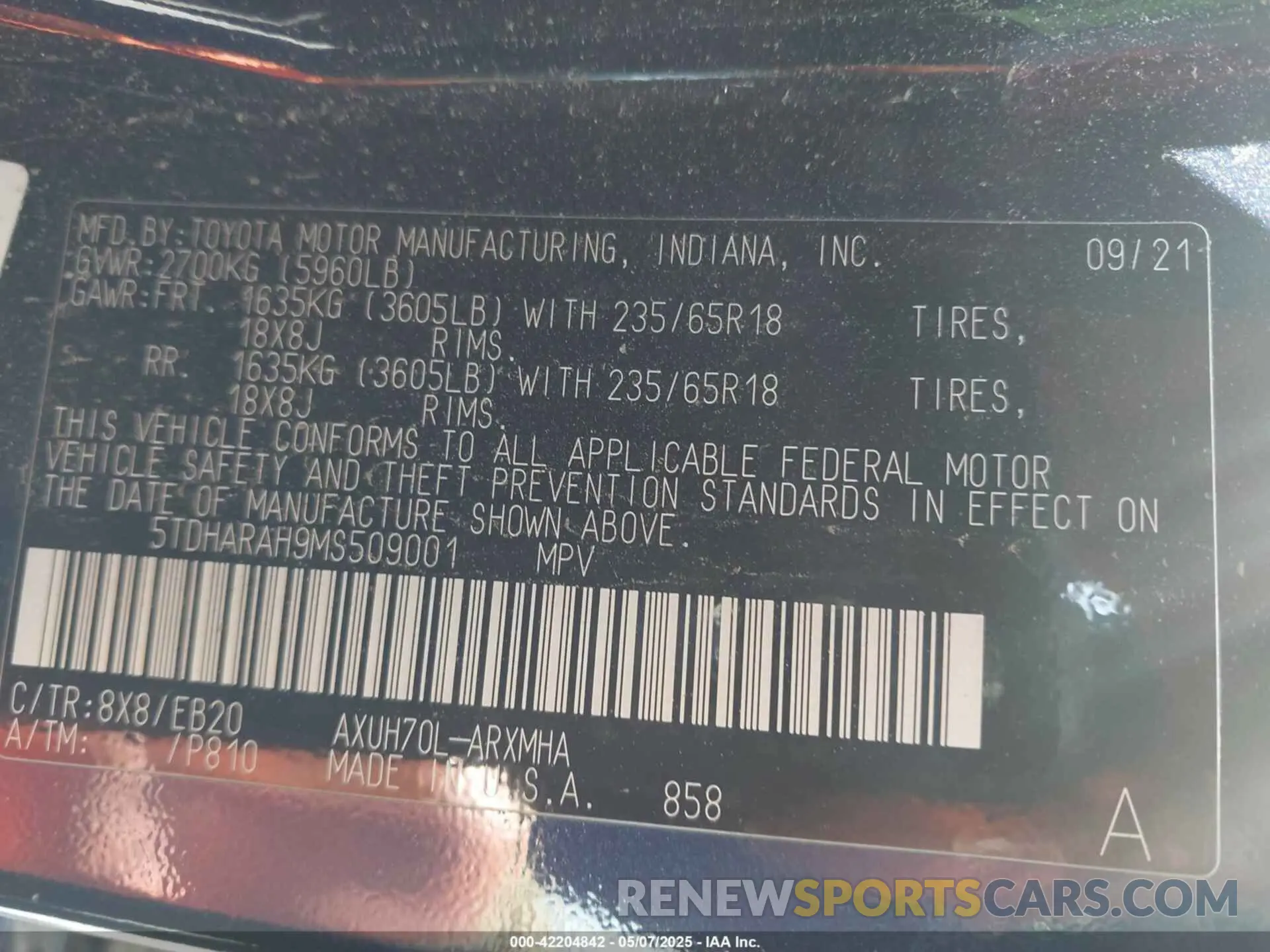 9 Photograph of a damaged car 5TDHARAH9MS509001 TOYOTA HIGHLANDER 2021