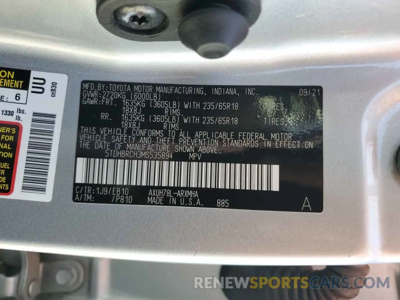 13 Photograph of a damaged car 5TDHBRCH3MS535894 TOYOTA HIGHLANDER 2021