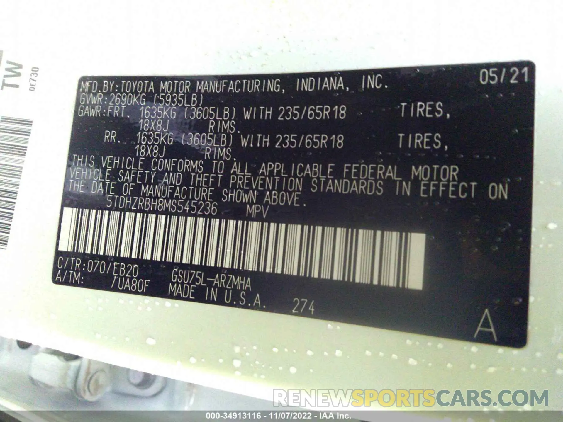 9 Photograph of a damaged car 5TDHZRBH8MS545236 TOYOTA HIGHLANDER 2021