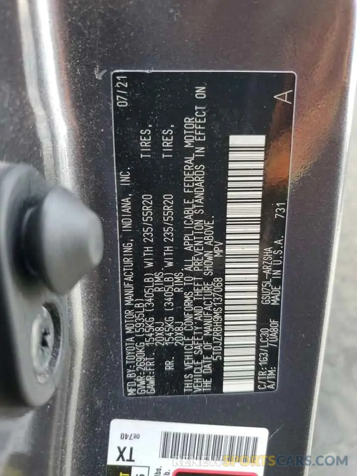12 Photograph of a damaged car 5TDJZRBH9MS137068 TOYOTA HIGHLANDER 2021