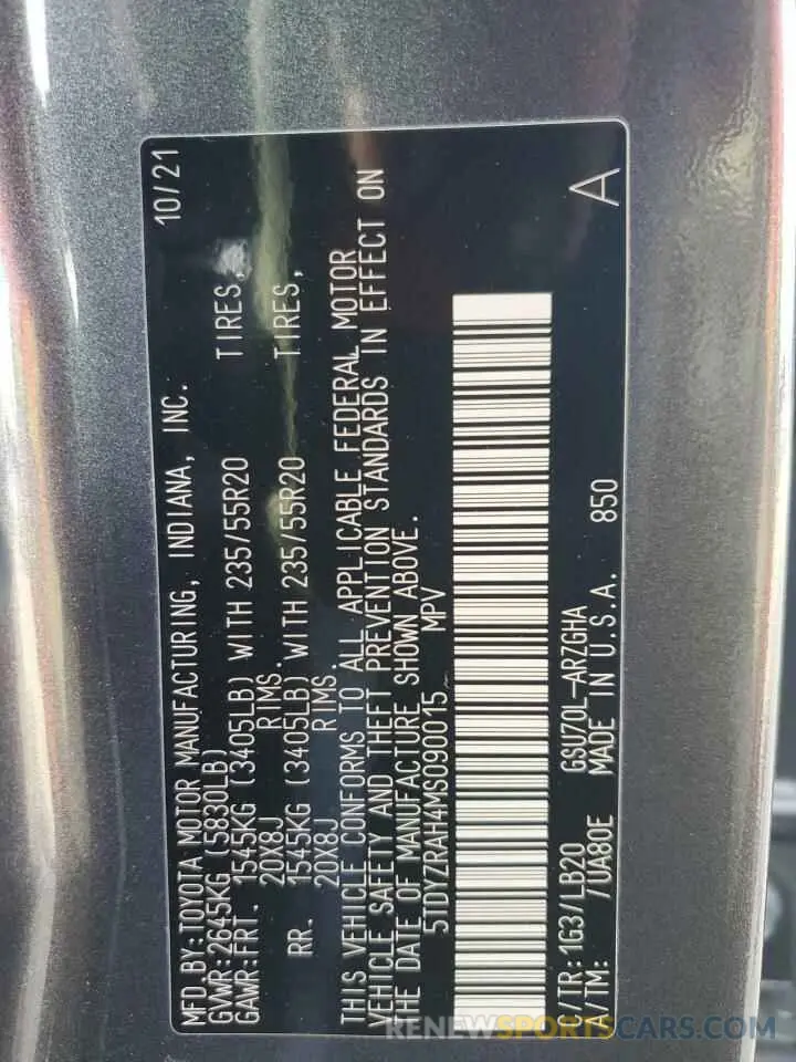 16 Photograph of a damaged car 5TDYZRAH4MS090015 TOYOTA HIGHLANDER 2021