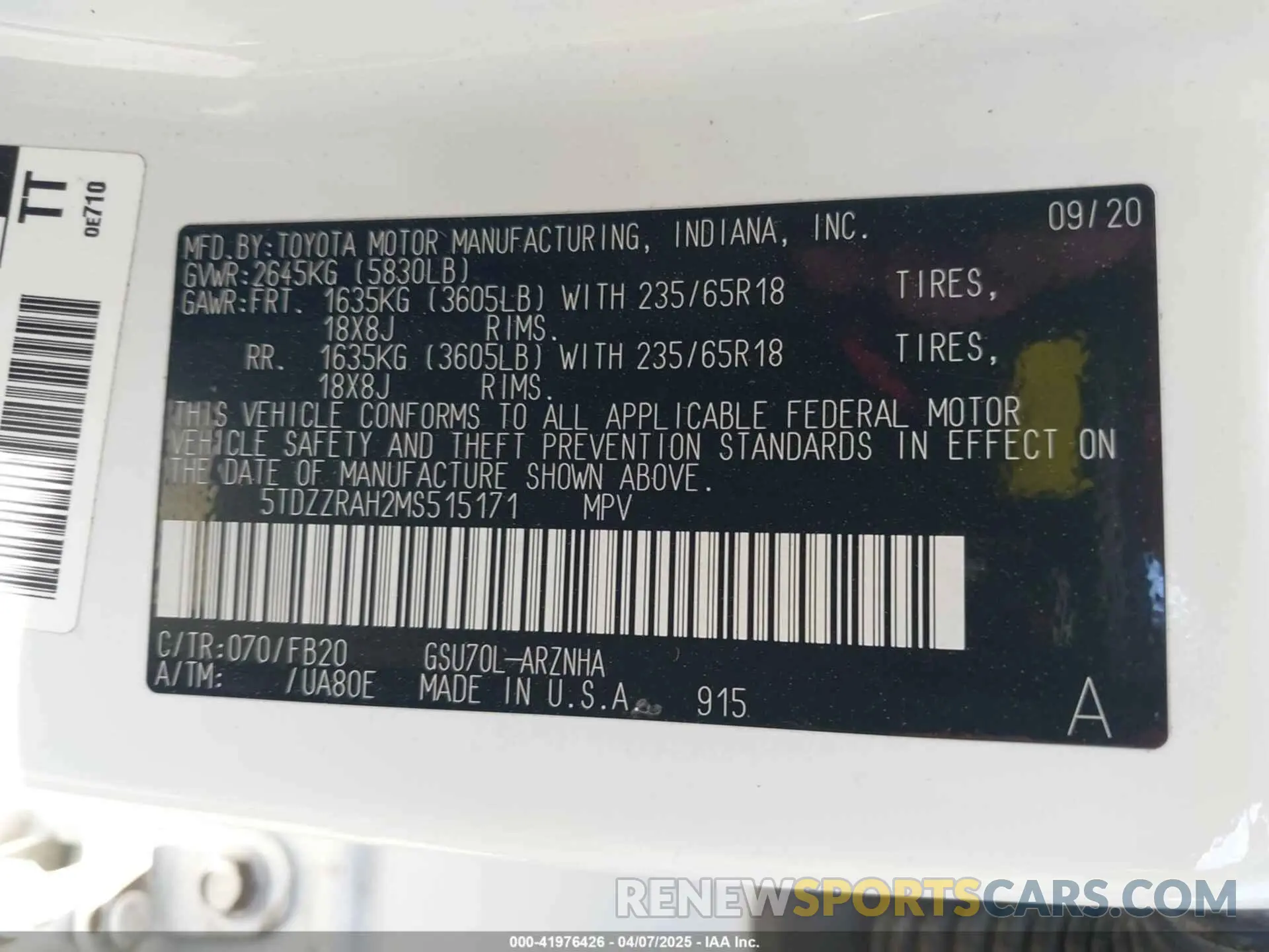 9 Photograph of a damaged car 5TDZZRAH2MS515171 TOYOTA HIGHLANDER 2021