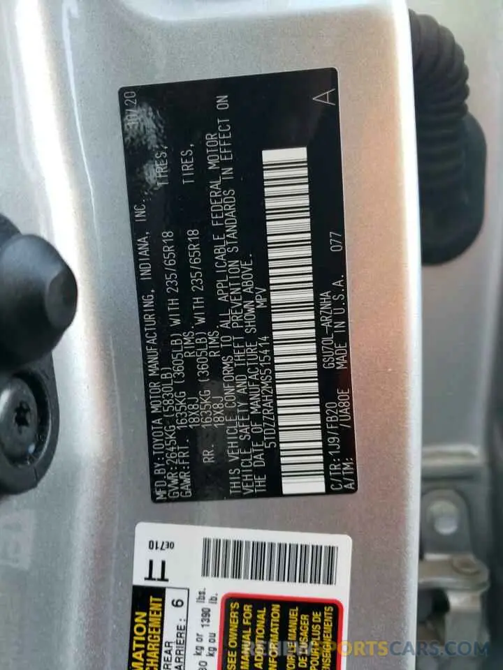 10 Photograph of a damaged car 5TDZZRAH2MS515414 TOYOTA HIGHLANDER 2021