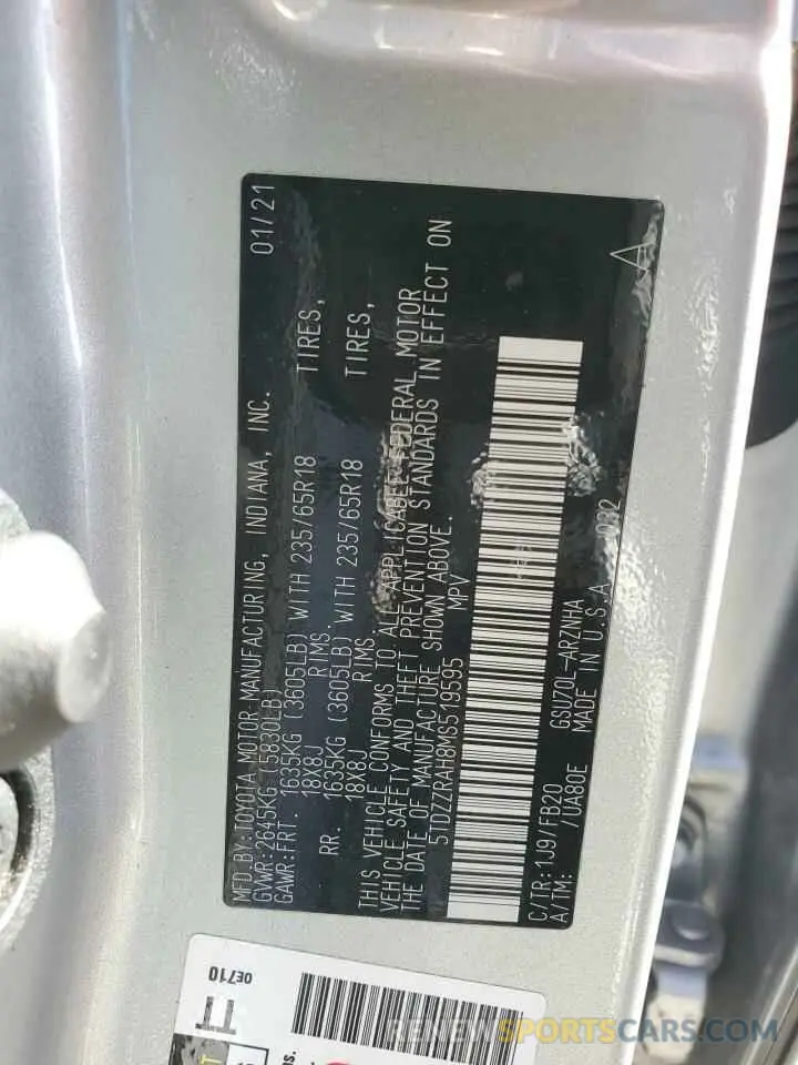 13 Photograph of a damaged car 5TDZZRAH8MS519595 TOYOTA HIGHLANDER 2021