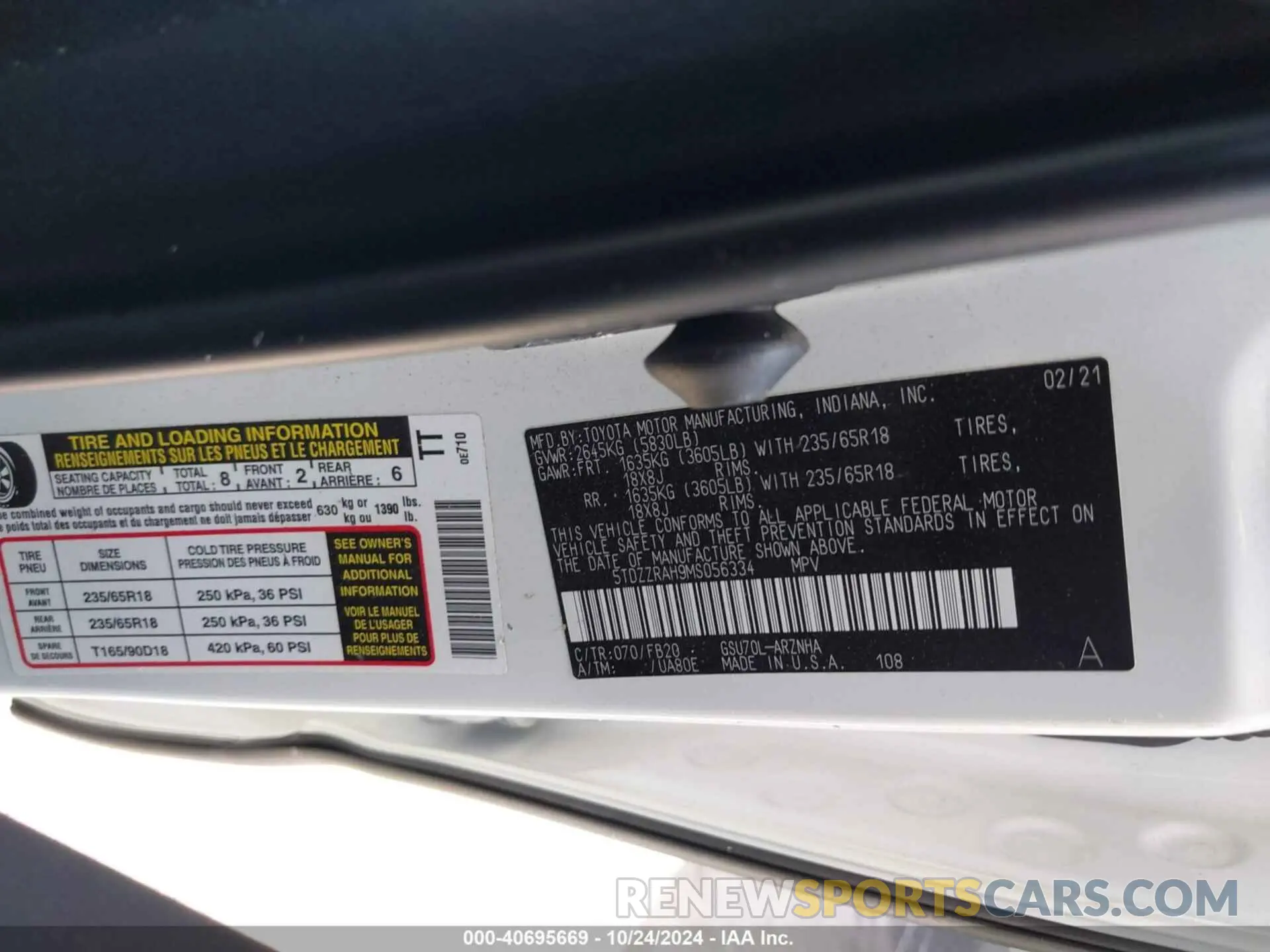 9 Photograph of a damaged car 5TDZZRAH9MS056334 TOYOTA HIGHLANDER 2021