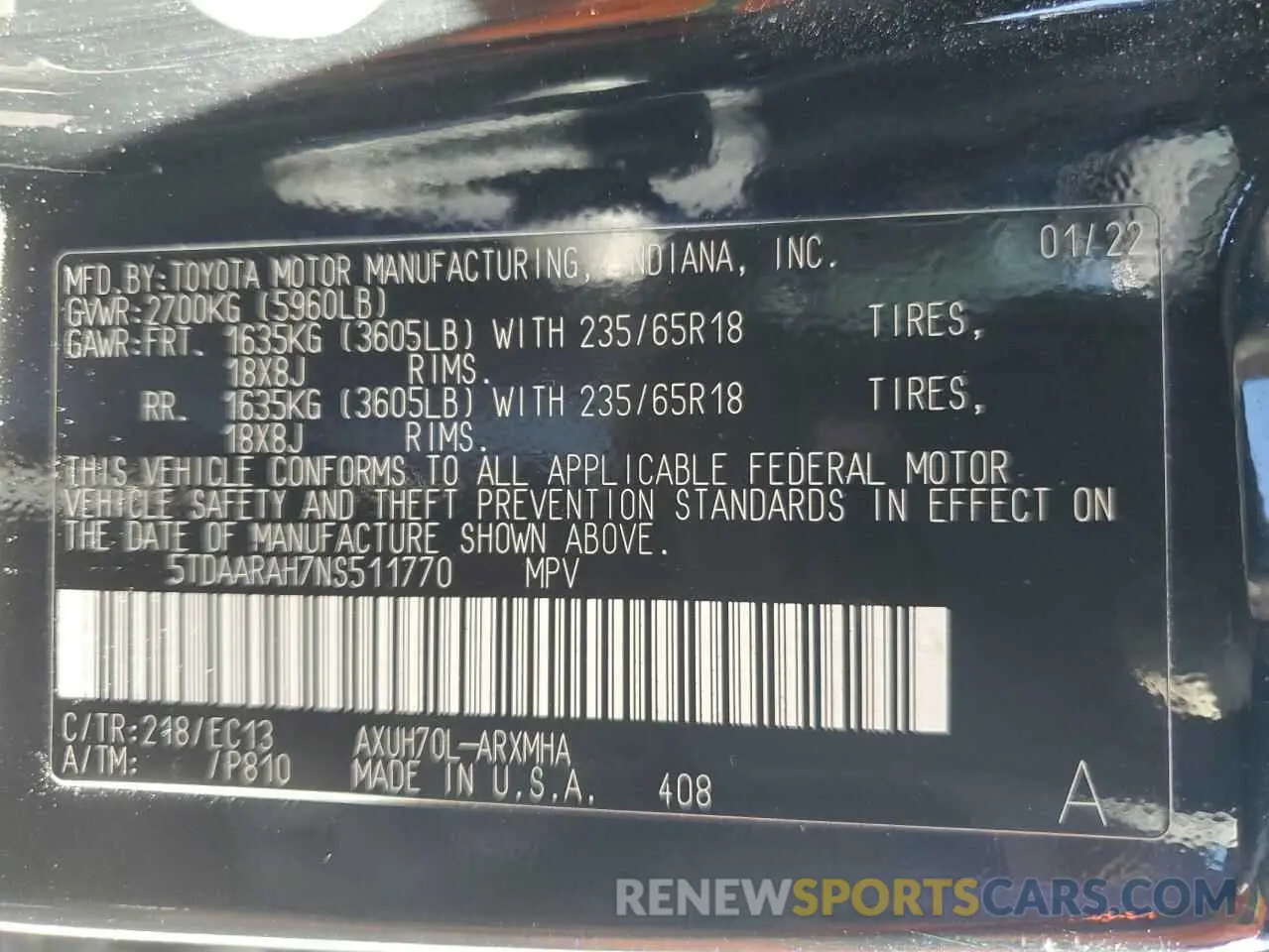 14 Photograph of a damaged car 5TDAARAH7NS511770 TOYOTA HIGHLANDER 2022