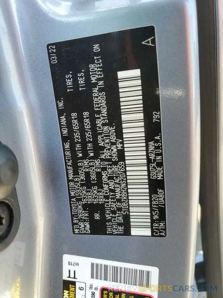 12 Photograph of a damaged car 5TDBZRBH2NS207659 TOYOTA HIGHLANDER 2022