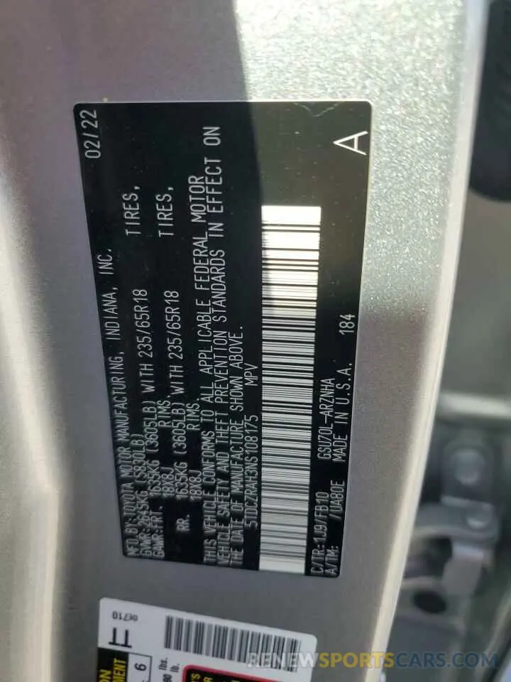 13 Photograph of a damaged car 5TDCZRAH3NS108175 TOYOTA HIGHLANDER 2022