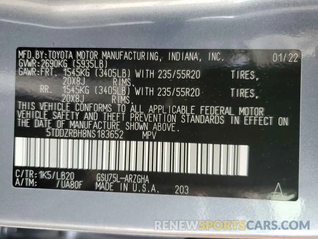 13 Photograph of a damaged car 5TDDZRBH8NS183652 TOYOTA HIGHLANDER 2022