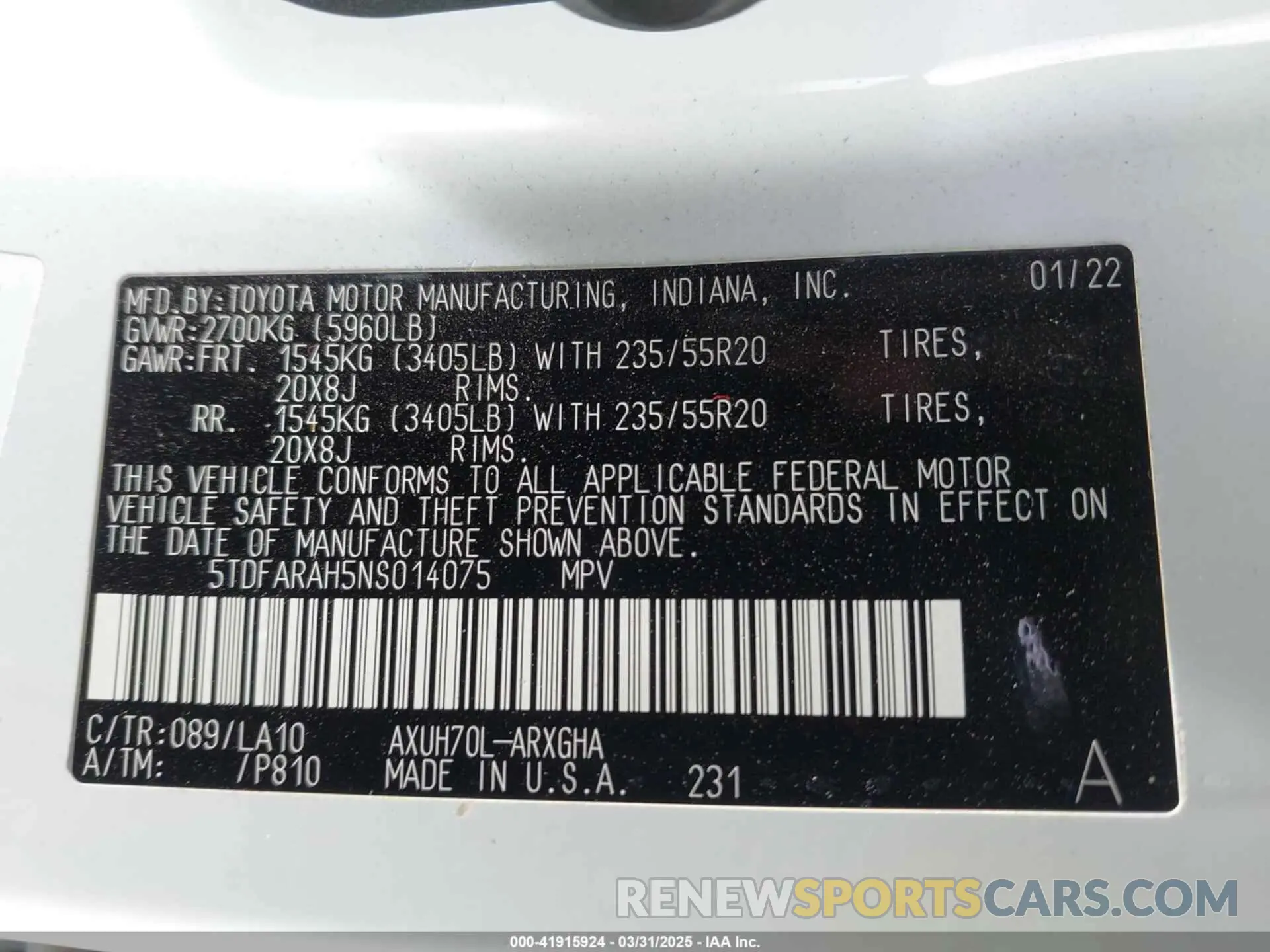 9 Photograph of a damaged car 5TDFARAH5NS014075 TOYOTA HIGHLANDER 2022